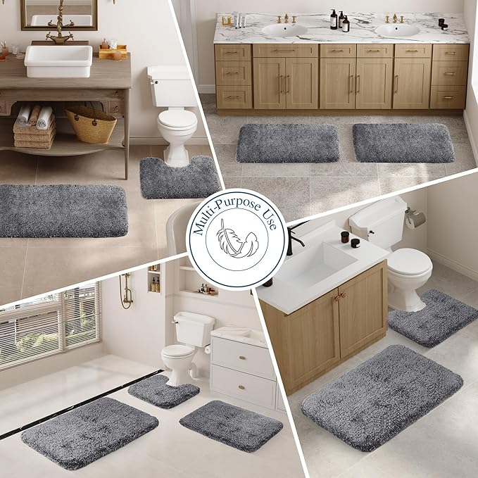 Walensee Contour Rug (20x24, Dark Grey) Non Slip Bath Mat for Bathroom - Water Absorbent Soft Microfiber Shaggy Mat, Machine Washable, U Shape