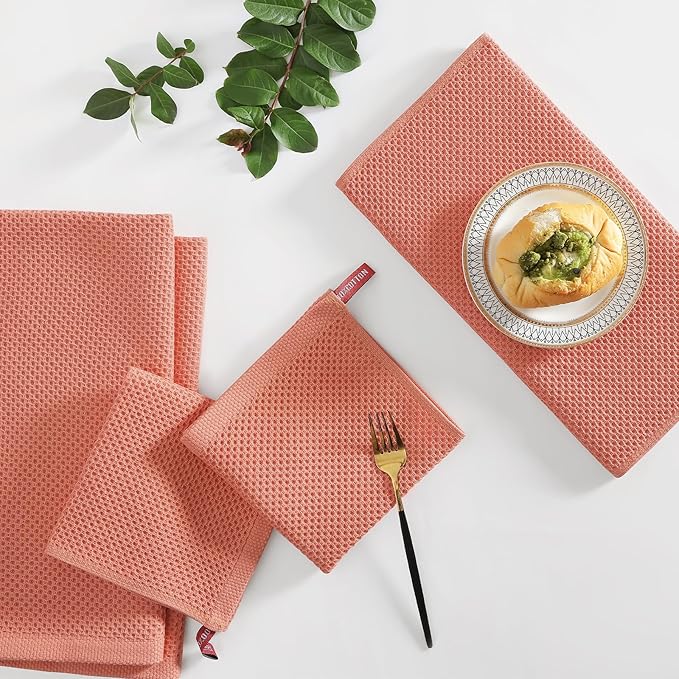 Homaxy 100% Cotton Kitchen Towels and Dishcloths Set, 12 x 12 Inches and 13 x 28 Inches, Set of 12 Bulk Kitchen Towels Set, Ultra Soft Absorbent Dish Cloths for Washing Dishes, Coral