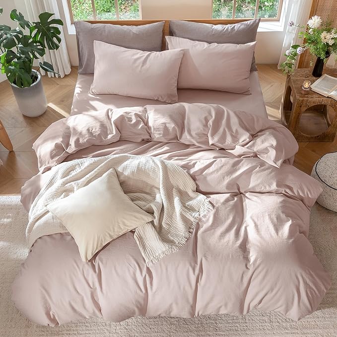 MooMee Bedding Duvet Cover Set 100% Washed Cotton Linen Like Textured Breathable Durable Soft Comfy (Heathered Greyish Pink, Twin 68"x90")