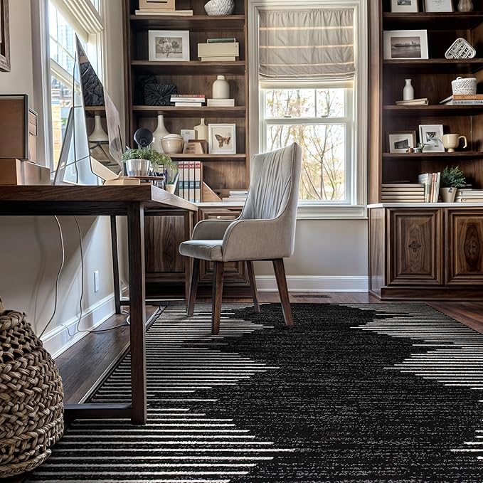 Rugshop Bohemian Stripe Stain Resistant High Traffic Living Room Kitchen Bedroom Dining Home Office Area Rug 5' x 7' Black