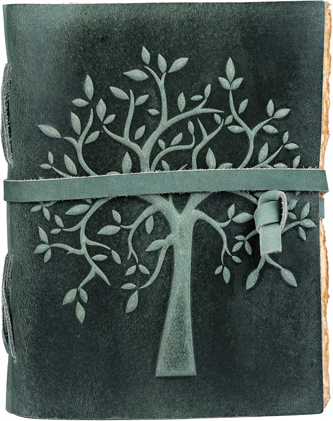 LEATHER VILLAGE Tree of Life Journal - 10 X 7 inches - Aqua - 200 Antique Deckle Edge Handmade Paper – Book of Shadows - Vintage Leather Bound Journal for Women & Men