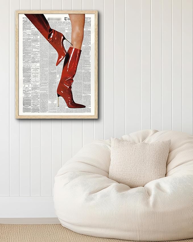 EcoHest Trendy Newspaper Red Boots Framed Wall Art, 16x20 in Large OAK Wood Fashion Icon Canvas Wall Art, Magazine Home Decor, Beige Logs Retro Set of 1 for Bedroom Living Room