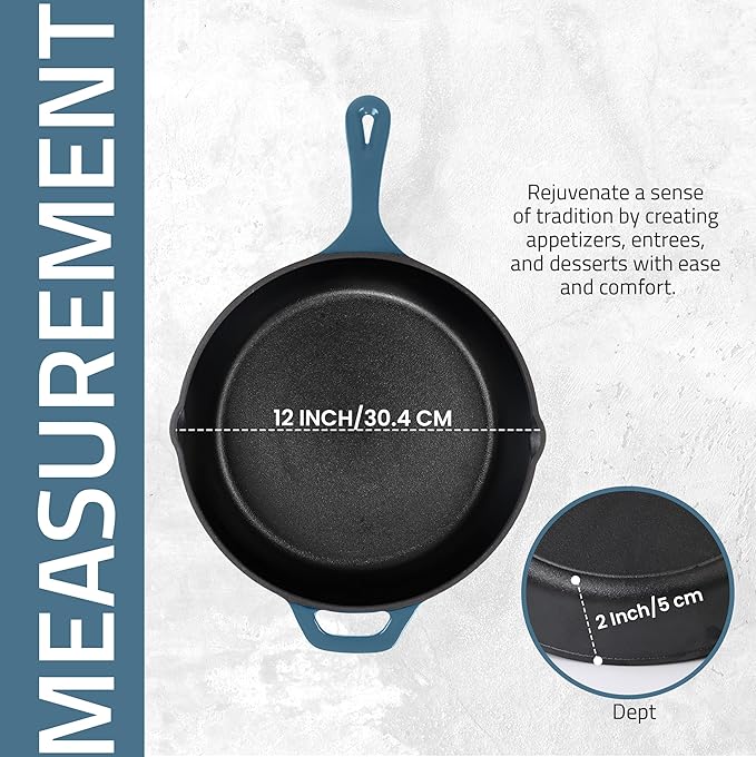 Utopia Kitchen Cast Iron Frying Pan 12 Inch, Cast Iron Chefs Pan, Pre Seasoned Skillet, Safe Grill Cookware for Indoor & Outdoor Use, Teal