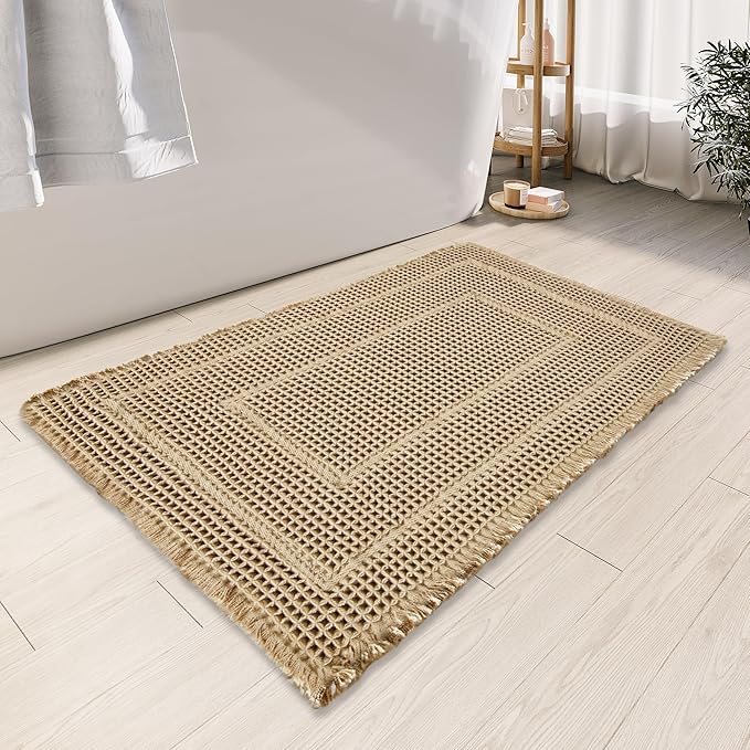 Bath Rugs Mat,Upgraded Waffle Bath mat,Super Absorbent Non Slip Bath Rugs,Machine Washable Rugs for Shower romm, Rubber Backing Boho Mats, Ultra Soft,Brown,17"*24"