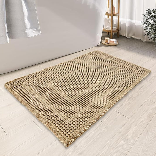 Bath Rugs Mat,Upgraded Waffle Bath mat,Super Absorbent Non Slip Bath Rugs,Machine Washable Rugs for Shower romm, Rubber Backing Boho Mats, Ultra Soft,Brown,17"*24"