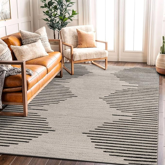 Rugshop Bohemian Stripe Stain Resistant High Traffic Living Room Kitchen Bedroom Dining Home Office Area Rug 6' 6" x 9' Cream