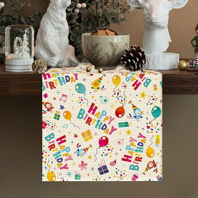 Happy Birthday Table Runner Seasonal Spring Fall Kitchen Dining Linen Table Decoration for Indoor Outdoor Home Party Dinner 13x72 Inch