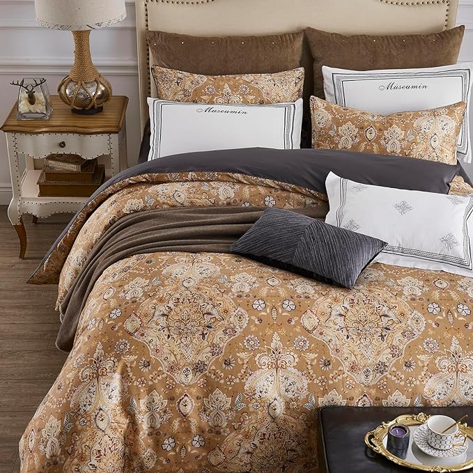 mixinni Long Staple Cotton Percale Golden Paisley Duvet Cover King Size Boho Floral Pattern 3 Pieces Soft Aesthetic Bedding Set for Him and Her, 1 Duvet Cover and 2 Pillowcases for All Seasons