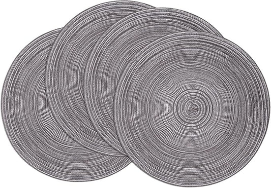 SHACOS Round Placemats Set of 4 Round Braided Placemats 15 inch Cotton Polyester Woven Table Placemats for Dining Table Holiday Party (Black Grey, 4)