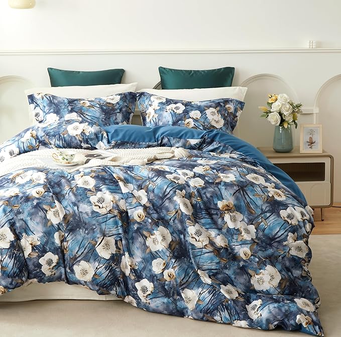 Cupocupa Duvet Cover Queen Size Set Boho Floral Pattern Queen Duvet Cover Set for Queen Size Bed Vintage Soft Bedding Leaf Print Duvet Cover with Pillowcases