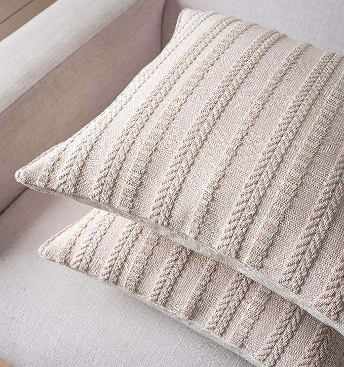 Boho Throw Pillow Covers 22x22 Inch Set of 2, Farmhouse Decorative Couch Pillow Cases, Beige Accent Pillows of Bed, Sofa Bedroom Living Room Home Decor Cushion Cover