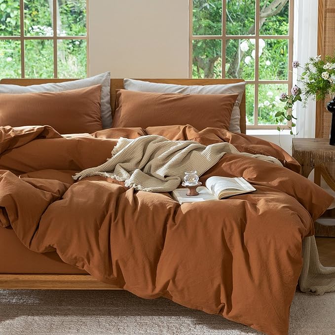 MooMee Bedding Duvet Cover Set 100% Washed Cotton Linen Like Textured Breathable Durable Soft Comfy (Solid Dark Orange, Oversized Queen 98"x98")