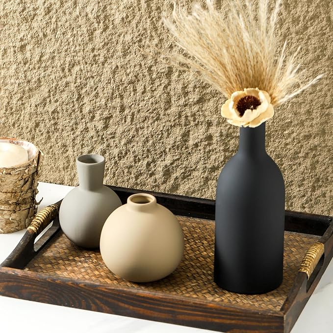 Ceramic Vase Set of 3, Flower Decorative Vases Home Decor Boho Neutral Modern Pottery Pampas Vases for Centerpiece Bouquet Table Mantel Entryway Bookshelf Living Room Bedroom Bathroom Kitchen