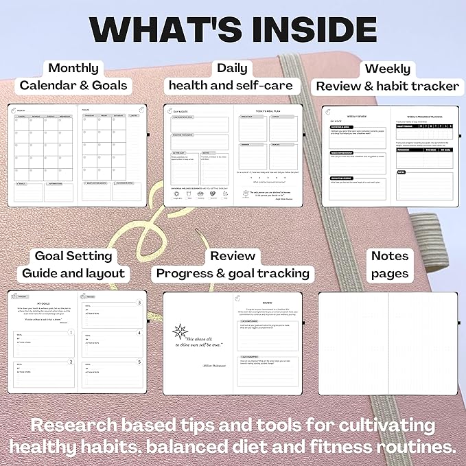 Life & Apples Wellness Journal Planner – Food Log, Fitness Tracker, Habit Tracker, Weight Loss Journal for Diet Tracking and Health Goals, Undated, Size A5 Rose Gold