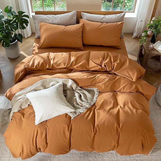 MooMee Bedding Duvet Cover Set 100% Washed Cotton Linen Like Textured Breathable Durable Soft Comfy (Solid Burnt Orange, Twin 68"x90")