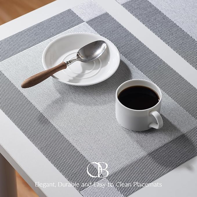 Placemats Set of 8 - Easy Clean Woven Vinyl Placemats for Dining Table, Indoor/Outdoor Place Mats, Washable PVC Table Mats （Silver Cube）