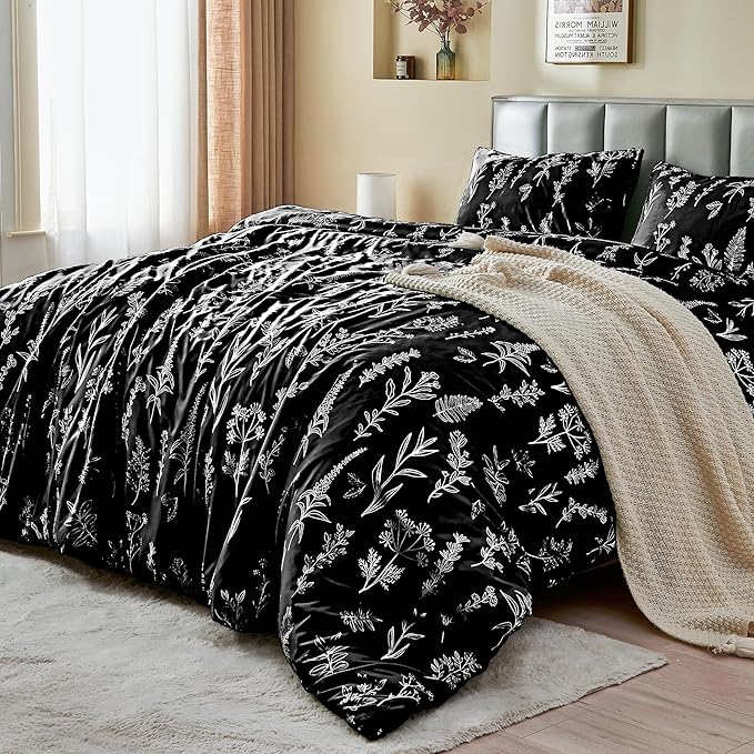 MUXHOMO Duvet Cover King Size, Reversible Floral Black Duvet Cover Set with Zipper Closure, 3 Pieces Botanical Patterns Soft Microfiber Bedding Set (90"x104", 2 Pillow Cases 20"×36")