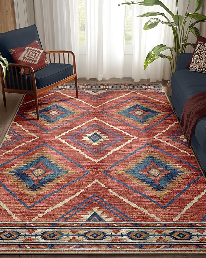 Area Rug 5x7 Rug Machine Washable Non-Slip Low Pile Print Pattern Western Rug for Living Room Bedroom Entryway Tribal Series -Red/Orange