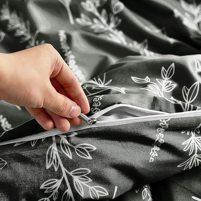 MUXHOMO Duvet Cover Queen Size, Reversible Floral Dark Grey Duvet Cover Set with Zipper Closure, 3 Pieces Botanical Patterns Soft Microfiber Bedding Set with 4 Ties (90"x90", 2 Pillow Cases)