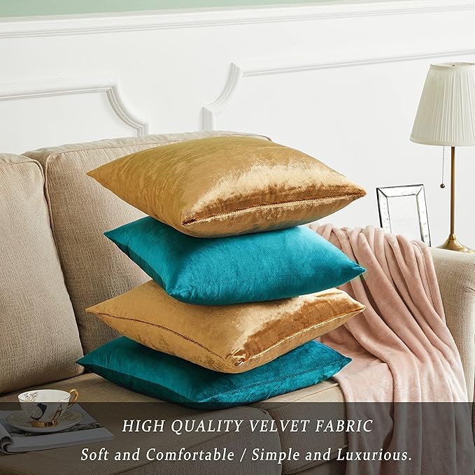 GIGIZAZA Velvet Pillow Covers 20x20,Gold Teal Soft Throw Pillow Covers Set of 4 Square Decorative Modern Pillows Covers for Living Room