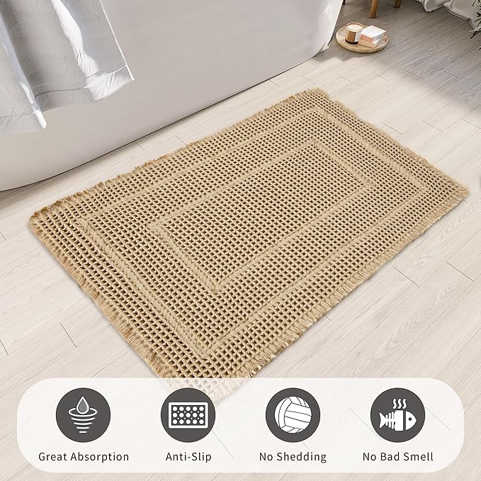 Bath Rugs Mat,Upgraded Waffle Bath mat,Super Absorbent Non Slip Bath Rugs,Machine Washable Rugs for Shower Room, Rubber Backed Bath Mats, Ultra Soft,Brown,18" x 30"