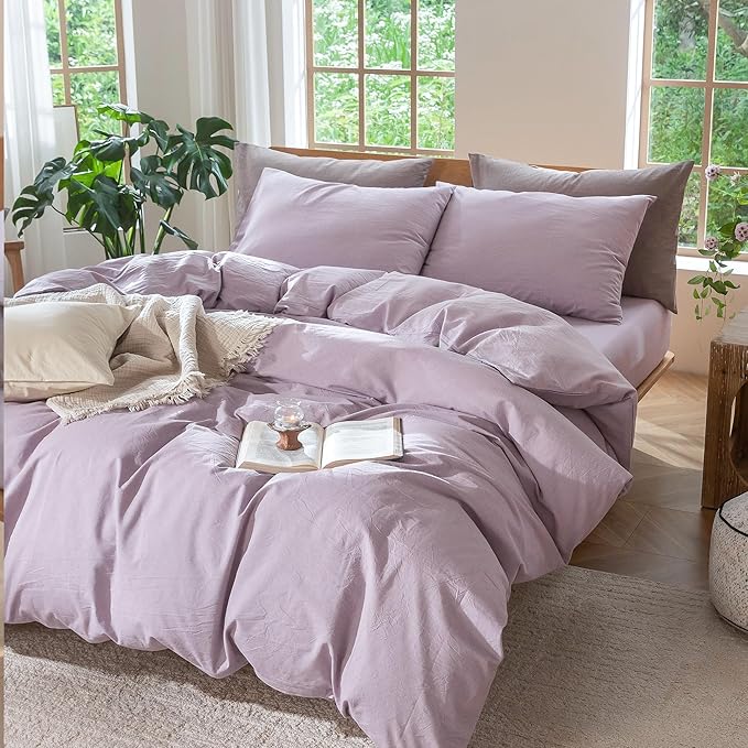 MooMee Bedding Duvet Cover Set 100% Washed Cotton Linen Like Textured Breathable Durable Soft Comfy (Heathered Light Purple, Cal King 104"x98")