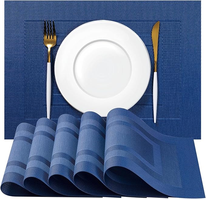 Placemats Set of 6 - Easy Clean Woven Vinyl Placemats for Dining Table, Indoor/Outdoor Place Mats, Washable PVC Table Mats（Navy Cube）