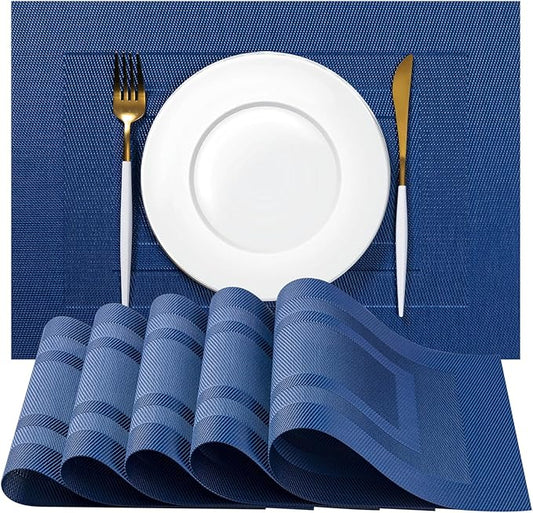 Placemats Set of 8 - Easy Clean Woven Vinyl Placemats for Dining Table, Indoor/Outdoor Place Mats, Washable PVC Table Mats（Navy Cube）