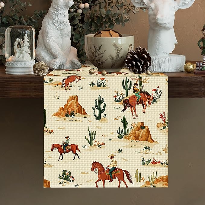 Western Boy Horse Burlap Table Runner Seasonal Spring Fall Kitchen Dining Linen Table Decoration for Indoor Outdoor Home Party Dinner 13x72 Inch
