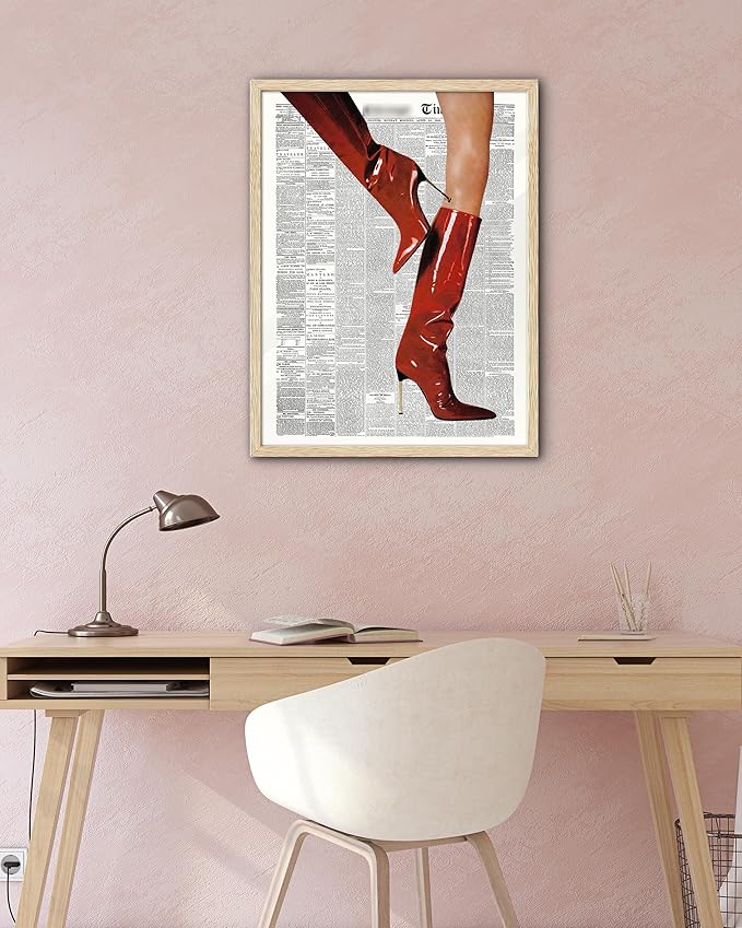 EcoHest Trendy Newspaper Red Boots Framed Wall Art, 16x20 in Large OAK Wood Fashion Icon Canvas Wall Art, Magazine Home Decor, Beige Logs Retro Set of 1 for Bedroom Living Room