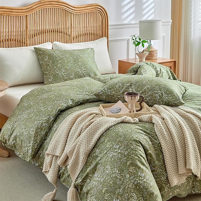 mixinni 3 Pieces Duvet Covers Full Size, 100% Cotton Comforter Cover Wildflower Printed on Army Green Floral Bedding Set with Zipper Closure 4 Ties (1 Duvet Cover 80"x90", 2 Pillow Cases 20"x26")