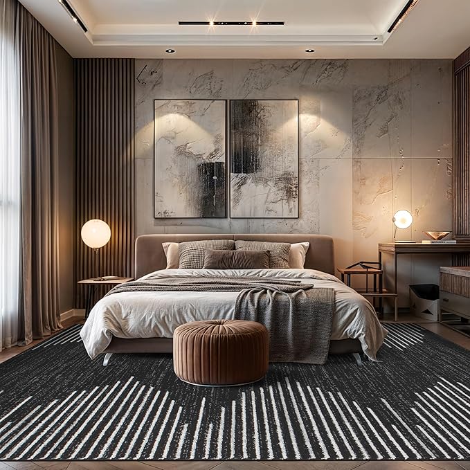 Rugshop Bohemian Stripe Stain Resistant High Traffic Living Room Kitchen Bedroom Dining Home Office Area Rug 8' x 10' Black