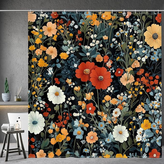 Aimego Black Floral Shower Curtain - Colorful Red Dark Flowers Spring Plants Boho Chic Botanical Leaves Fabric Cloth Bath Shower Curtain Set with 12 Hooks for Bathroom Decor Accessories, 72"x72"