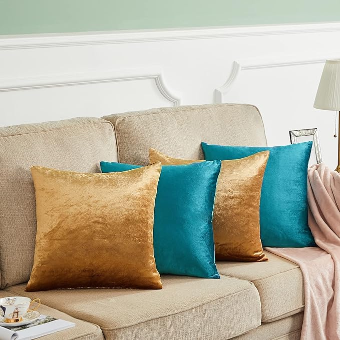 GIGIZAZA Velvet Pillow Covers 16x16,Gold Teal Soft Throw Pillow Covers Set of 4 Square Decorative Modern Pillows Covers for Living Room