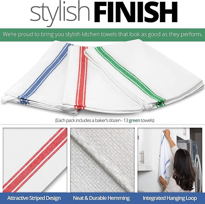 Aunti Em's Kitchen Dish Towels Set (13 Pack) Natural Cotton Fabric for Embroidery - Zero-Lint Cloth for Drying Glasses, Plates, Hand - 25.5 x 15.5 Inch (13-Pack Green Stripes)