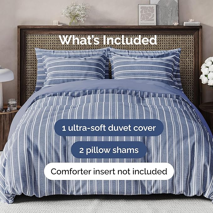 Duvet Cover Queen Size Set - Extra Soft Queen Size Duvet Cover 90 x 90 with 2 Pillow Shams - Hotel Luxury Easy Care & Fade Free w/Zipper Closures & Ties - Comfy Breathable Bedding Set (Blue Stripes)