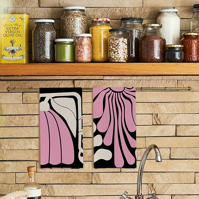 Abstract Boho Pink and Beige Floral Kitchen Towels Set of 2, Retro 70s Groovy Floral Hand Towels for Bathroom Decor, Modern Minimalist Botanical Dish Tea Towels for Kitchen Decor, 16x24 Inch