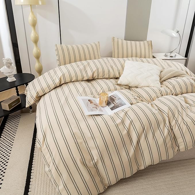 ECOCOTT Duvet Cover Queen Size - Linen Feel Textured Organic Natural 100% Washed Cotton, Reversible Striped Bedding Set with Zipper Closure, Dark Green