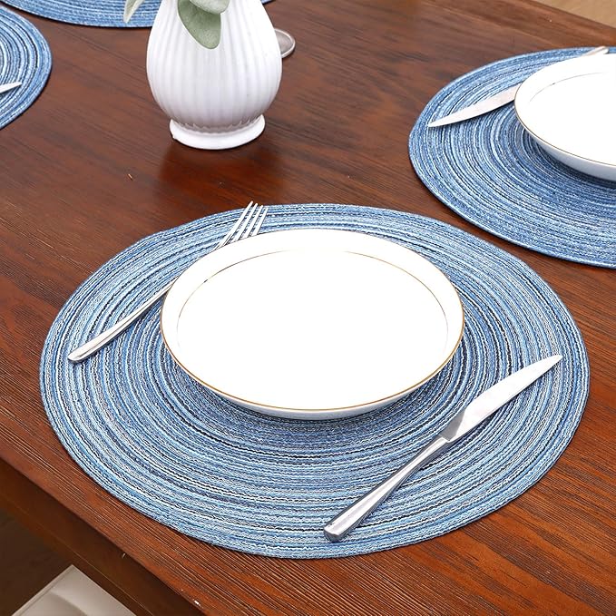 SHACOS Round Braided Placemats Set of 6 Circle Place Mats Kitchen Table Mats for Dining Table Wedding Party (Blue Gray, 6)