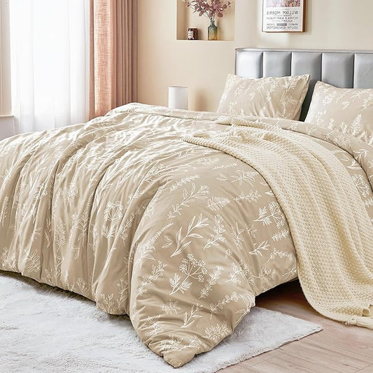 MUXHOMO Duvet Cover Full Size, Reversible Floral Beige Duvet Cover Set with Zipper Closure, 3 Pieces Botanical Patterns Soft Microfiber Bedding Set with 4 Ties (80"x90", 2 Pillow Cases)