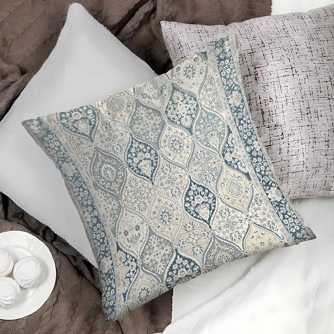 Boho Floral Throw Pillow Covers 16x16 inch Set of 2,Blue Boho Rug Geometric Floral Pattern Decor Double Sided Pattern Cushion Cover Soft Pillow Case Living Sofa Room Bed Square Pillow Cover