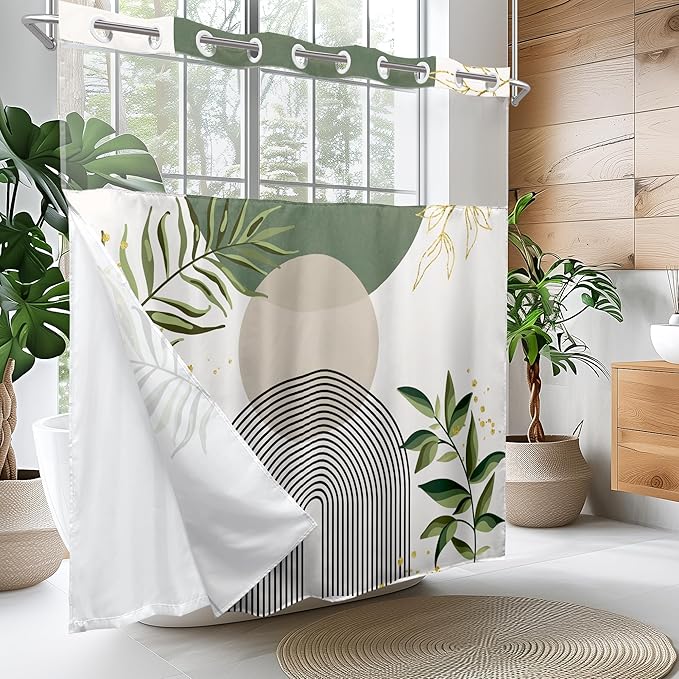 Sage Green Boho No Hooks Shower Curtain with Snap in Liner 72Wx72H Modern Mid Century Abstract Gold Leaves Minimalist Geometric Bathroom Decor Neutral Aesthetic Bath Curtain Fabric Polyester