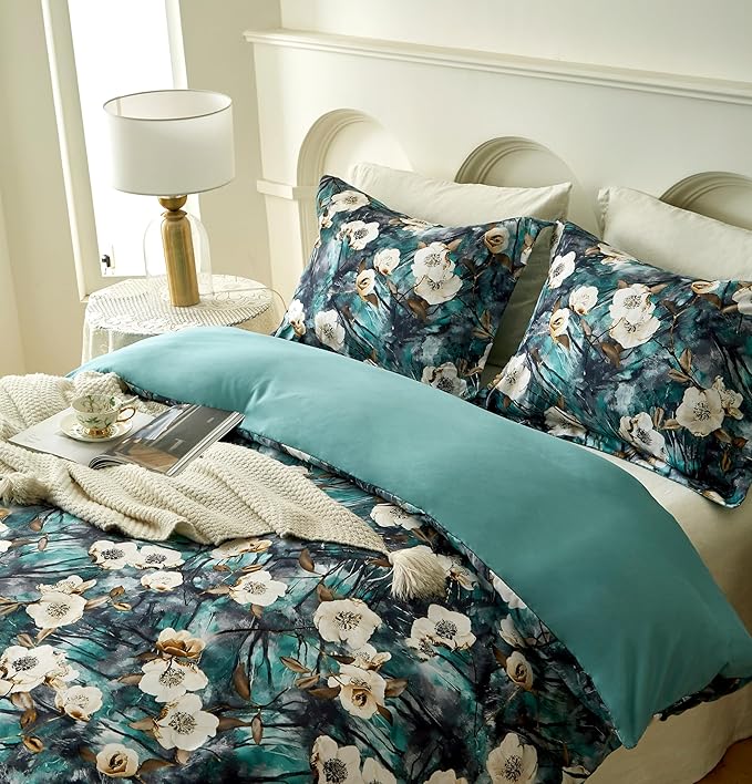Cupocupa Twin Duvet Cover Set - Boho Floral Vintage Bedding, Teal Botanical Art Print Microfiber Duvet Cover with Pillowcase, Soft Breathable Comforter Cover (Twin Size, Comforter Not Included)