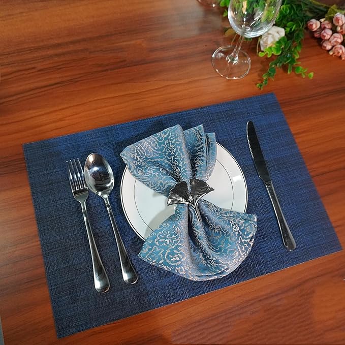 WAZAIGUR Placemats Set of 4 for Dining Table Heat-Resistant Washable Place Mats Woven Vinyl Kitchen Table Mats Easy to Clean,Navy Blue