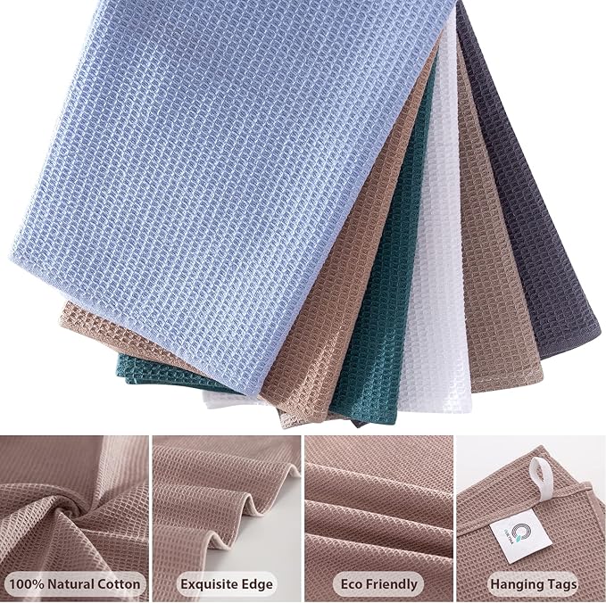 QUILTINA Dish Towels Set,100% Cotton Waffle Weave Kitchen Towels 6 Pack,17 x 25 Inches for Kitchen,Ultra Soft Dish Drying Towels(White, Gray, Light Khaki, Light Blue, Dark Green, Brown)