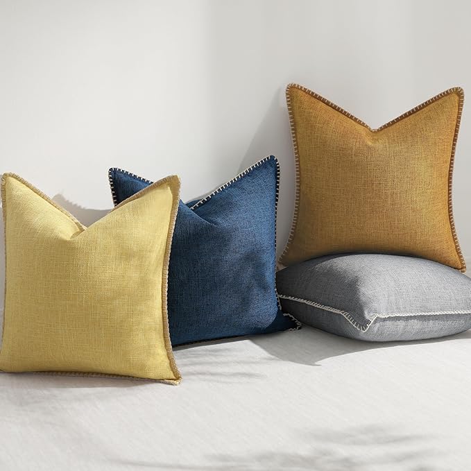 decorUhome Decorative Outdoor Throw Pillow Covers 18x18 Set of 2, Square Linen Rustic Neutral Farmhouse Euro Pillow Covers with Stitched Edge for Couch, Sofa, Living Room, Light Grey