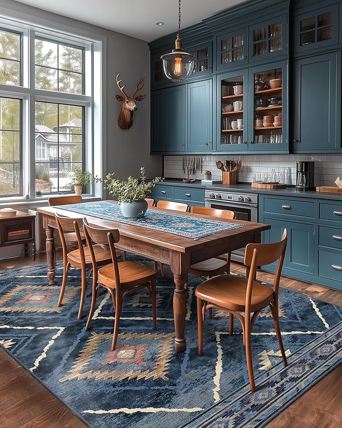 Area Rug 9x12 Rug Machine Washable Non-Slip Low Pile Print Pattern Western Rug for Living Room Bedroom Entryway Tribal Series -Darkblue