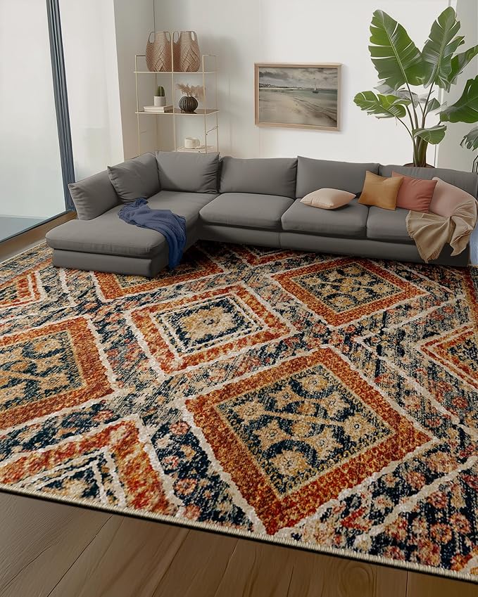 Area Rug 8x10 Rug Machine Washable Non-Slip Low Pile Print Pattern Western Rug for Living Room Bedroom Entryway Tribal Series -Orange/Brown