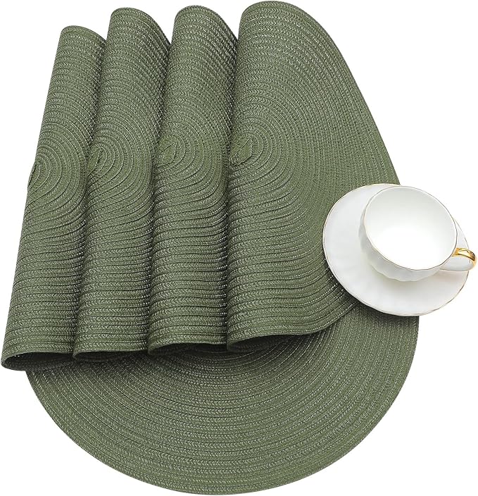 SHACOS Round Placemats Set of 6 Washable 15 inch Round Table Mats Cotton Polyester Woven Braided Place Mats for Dining Table (Olive Green, 6)