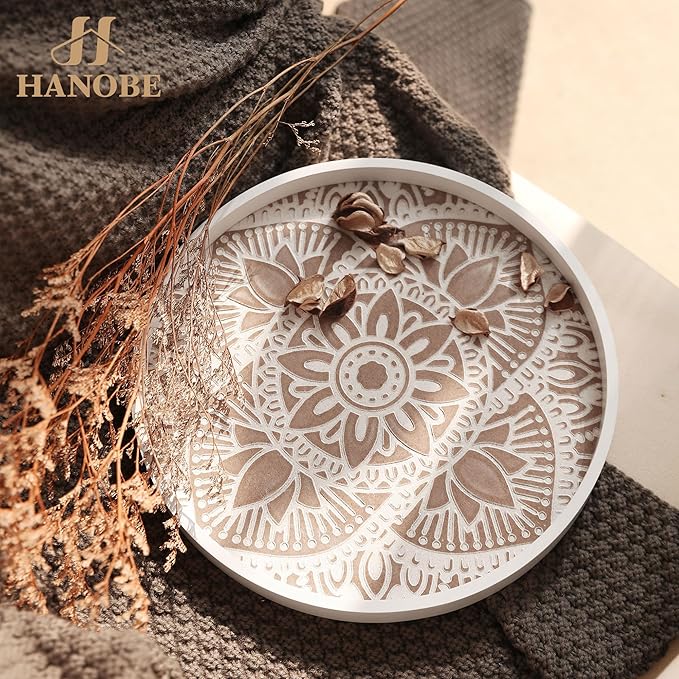 Hanobe Decorative Serving Tray Round: Farmhouse Coffee Table Decor Boho White Mandala Trays for Living Room Kitchen Centerpiece Display